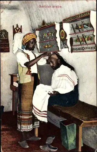 Ak arabischer Barbier bei der Arbeit, Kunde