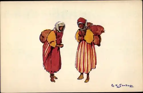 Künstler Ak Sandoz, Frauen tragen Säcke