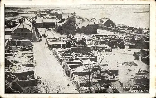 Ak Schelesnodoroschny Gerdauen Ostpreußen, Blick auf den von den Russen zerstörten Ort