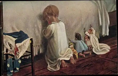 Künstler Ak Sigsbee, Kind und Puppen beim Gebet
