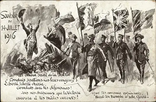 Ak Souvenir du 14 Juillet 1916, Alliierte Soldaten mit Fahnen, Reklame, Talons Maxim's