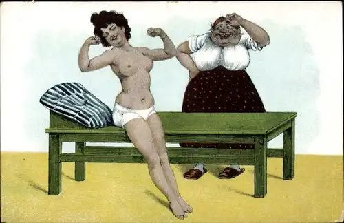 Ak Frau in Unterhose steigt von der Massageliege, Masseurin, Busen