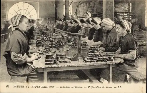 Ak Moeurs et Types Bretons, Industrie sardiniere, Preparation des boites