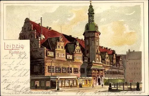 Litho Leipzig in Sachsen, Ansicht vom Rathaus, Rathausturm