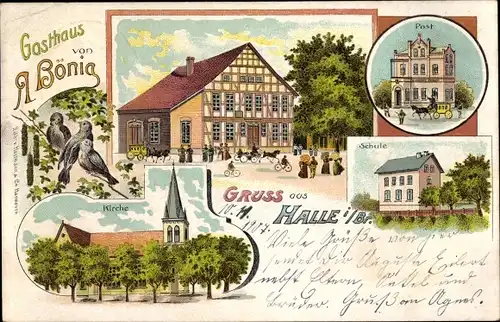 Litho Halle i. Br. im Weserbergland, Gasthaus, Schule, Post, Kirche