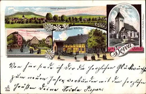 Litho Heyen in Niedersachsen, Gastwirtschaft, Kirche, Totalansicht