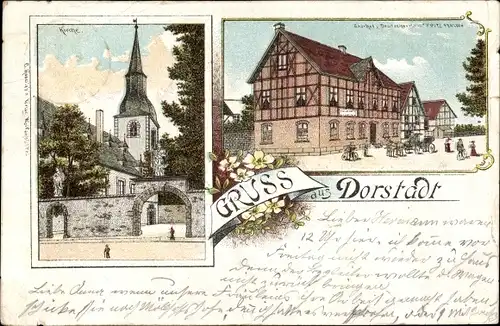 Litho Dorstadt Wolfenbüttel in Niedersachsen, Gasthof Deutsches Haus, Kirche