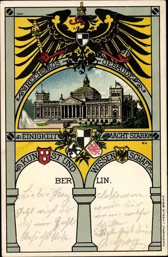 Wappen Litho Berlin Tiergarten, Reichstagsgebäude, Reichsadler, Einigkeit