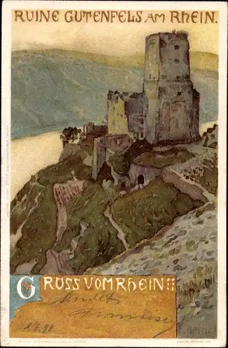 Künstler Ak Hein, Franz, Kaub am Rhein, Ruine Gutenfels mit Landschaft