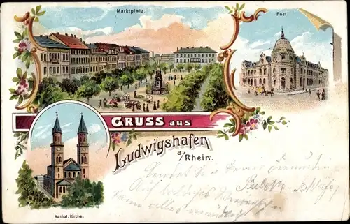 Litho Ludwigshafen am Rhein, Katholische Kirche, Post, Marktplatz