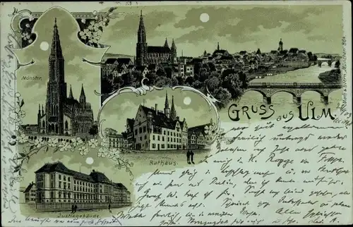 Mondschein Litho Ulm an der Donau, Rathaus, Münster, Panorama vom Ort, Justizgebäude