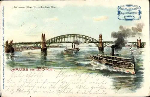 Litho Bonn am Rhein, Rheinbrücke, Dampfer, Deutschland Fahrräder August Stukenbrok, Einbeck