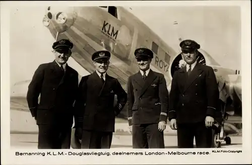 Ak Bemanning KLM, Douglasvliegtuig, deelnemers London-Melbourne race, Flugzeugbesatzung, Piloten
