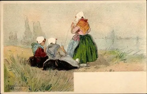 Künstler Litho Cassiers, H., Scheveningen Den Haag Südholland, Frauen in Tracht