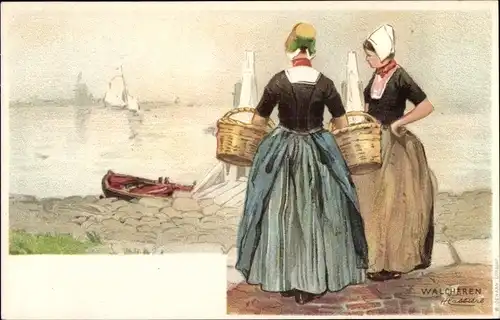 Künstler Litho Cassiers, H., Walcheren Zeeland, Frauen in niederländischen Volkstrachten