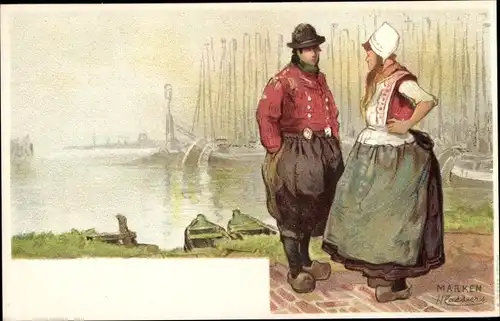 Künstler Litho Cassiers, H., Marken Nordholland, Mann u. Frau in Tracht, Hafen