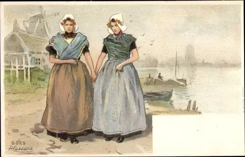 Künstler Litho Cassiers, H., Goes Zeeland Niederlande, Frauen in holländischer Tracht