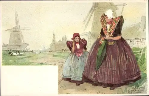 Künstler Litho Cassiers, H., Axel Zeeland, Mädchen in niederländischen Trachten, Windmühlen