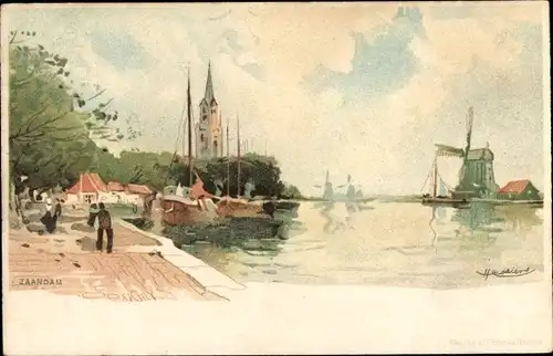 Künstler Litho Cassiers, H., Zaandam Südholland, Windmühle, Kirchturm, Boote