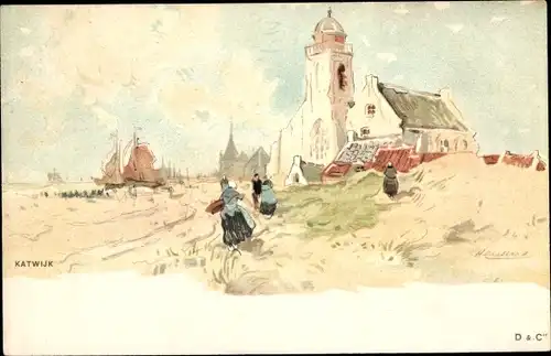 Künstler Litho Cassiers, H., Katwijk aan Zee Südholland Niederlande, Frauen in Tracht, Kirche, Boote