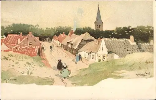 Künstler Litho Cassiers, Domburg Veere Zeeland Niederlande, Blick auf den Ort, Häuser, Kirchturm