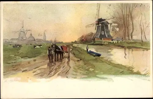 Künstler Litho Cassiers, H., Niederländische Landschaft mit Windmühlen
