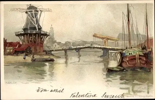 Künstler Litho Cassiers, H., Haarlem Nordholland Niederlande, Hafen, Windmühle