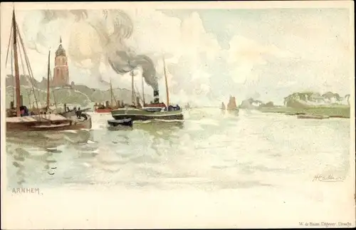 Künstler Litho Cassiers, H., Arnhem Gelderland Niederlande, Flusspartie mit Dampfern