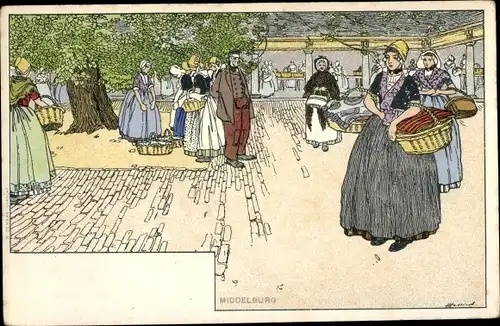 Künstler Litho Cassiers, H., Middelburg Zeeland Niederlande, Frauen in Trachten