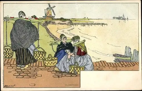 Künstler Litho Cassiers, H., Vlissingen Zeeland Niederlande, Frauen in Trachten, Windmühle