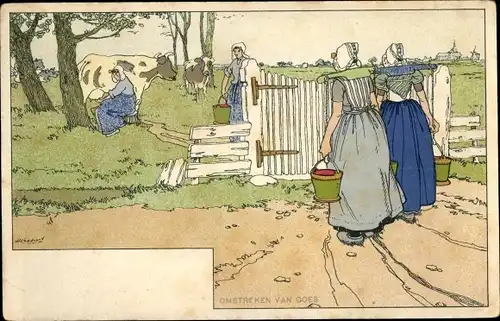 Künstler Litho Cassiers, H., Goes Zeeland Niederlande, Frauen in Trachten, Frau beim Melken