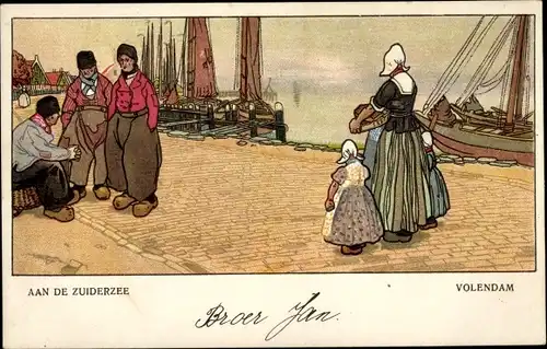 Künstler Litho Cassiers, Volendam Nordholland Niederlande, Aan de Zuiderzee, Hafenpartie, Trachten