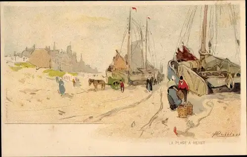 Künstler Litho Cassiers, H., Knokke Heist Heyst Knocke sur Mer Westflandern, La Plage, Fischerboote