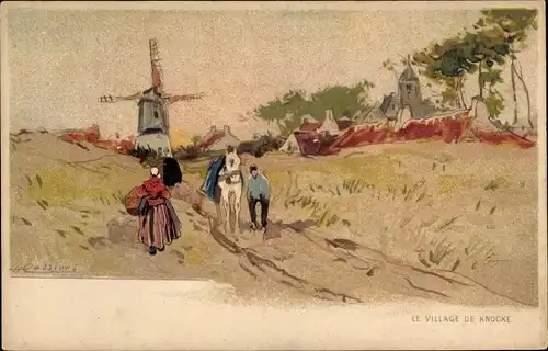 Künstler Litho Cassiers, H., Knokke Heist Heyst Knocke sur Mer Westflandern, Windmühle, Ortsansicht