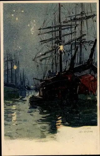 Künstler Litho Cassiers, H., Ostende Westflandern, Les Bassins, Segelschiffe, Nacht