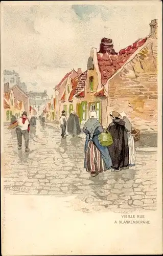 Künstler Litho Cassiers, H., Blankenberghe Blankenberge Westflandern, Vieille Rue, Trachten