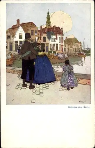 Künstler Ak Cassiers, H., Middelburg Zeeland, Axel, Frau und Kind in Tracht, Hafen