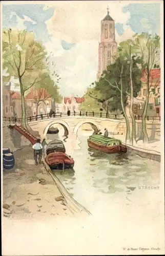 Künstler Litho Cassiers, H., Utrecht Niederlande, Kanalspartie, Ortsansicht