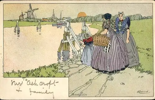 Künstler Litho Cassiers, H., Terneuzen Zeeland Niederlande, Frauen in Trachten, Windmühle