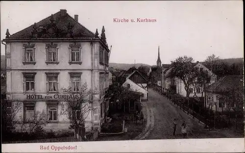 Ak Opolno Zdrój Bad Oppelsdorf Bogatynia Reichenau Schlesien, Kirche und Hotel zum Kurhaus