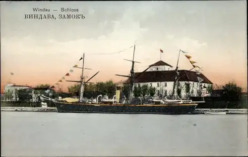 Ak Ventspils Windau Lettland, Segelschiff vor dem Schloss