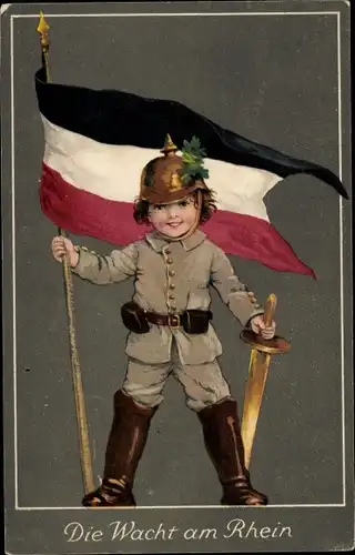 Ak Die Wacht am Rhein, Junge in Uniform, Fahne