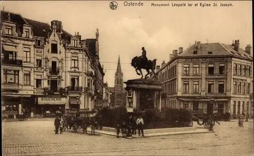 Ak Ostende Westflandern, Monument Léopold Ier et Église St. Joseph, Hôtel de la Commune