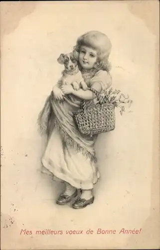 Ak Mädchen mit Hund, Blumenkorb, Neujahr