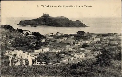 Ak Tabarka Tunesien, Vue d'ensemble de l'Ile, Vogelschau, Ort mit Insel
