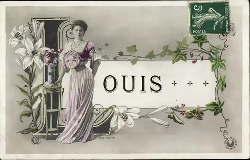 Buchstaben Ak Französischer Vorname Louis, Frau in Kleid, Weiße Blumen, Efeu