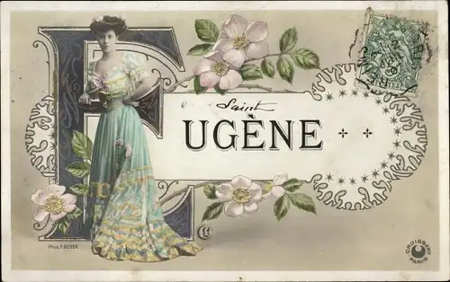 Buchstaben Ak Französischer Vorname Eugene, Frau in Kleid, Blumen