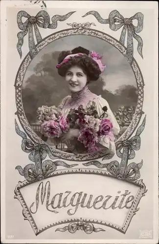 Buchstaben Ak Vorname Marguerite, Frau-Portrait, Rosen