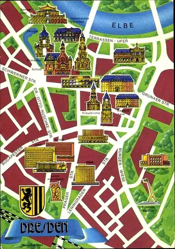 Ak Dresden Altstadt, Wappen, Stadtplan mit Sehenswürdigkeiten