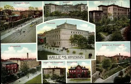 Ak Halle an der Saale, Universität mit Kliniken, Anatomiegebäude, Nervenklinik, Frauenklinik, Tram